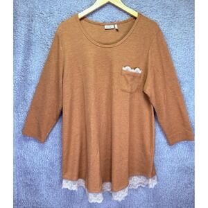 LOGO Lori Goldstein Waffle Knit Top Mustard Yellow Lace Trim Lagenlook XL